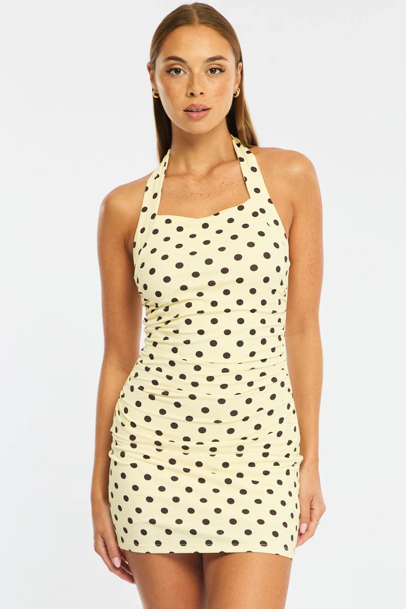 Yellow Polka Dot Bodycon Dress Halter Neck - Image 2