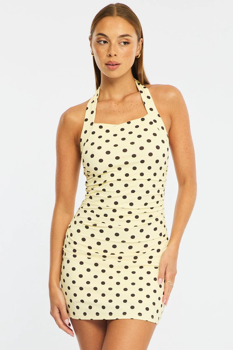 Yellow Polka Dot Bodycon Dress Halter Neck - Image 4