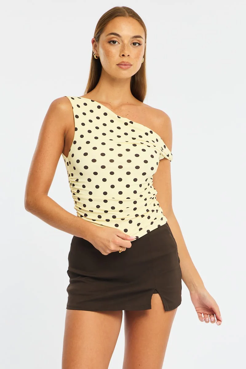 Yellow Polka Dot One Shoulder Twist Top - Image 2