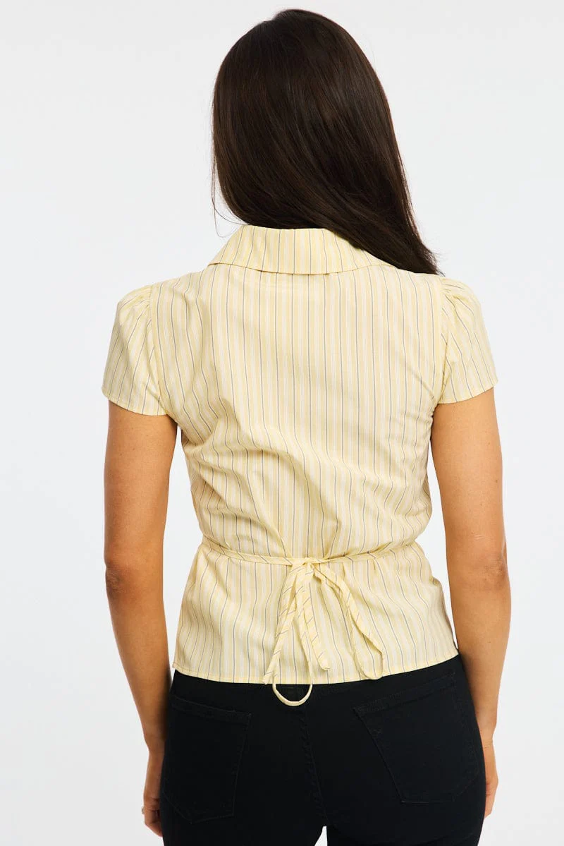 Yellow Stripe Button Up Shirt Short Sleeve Collared Tie Back - Image 4