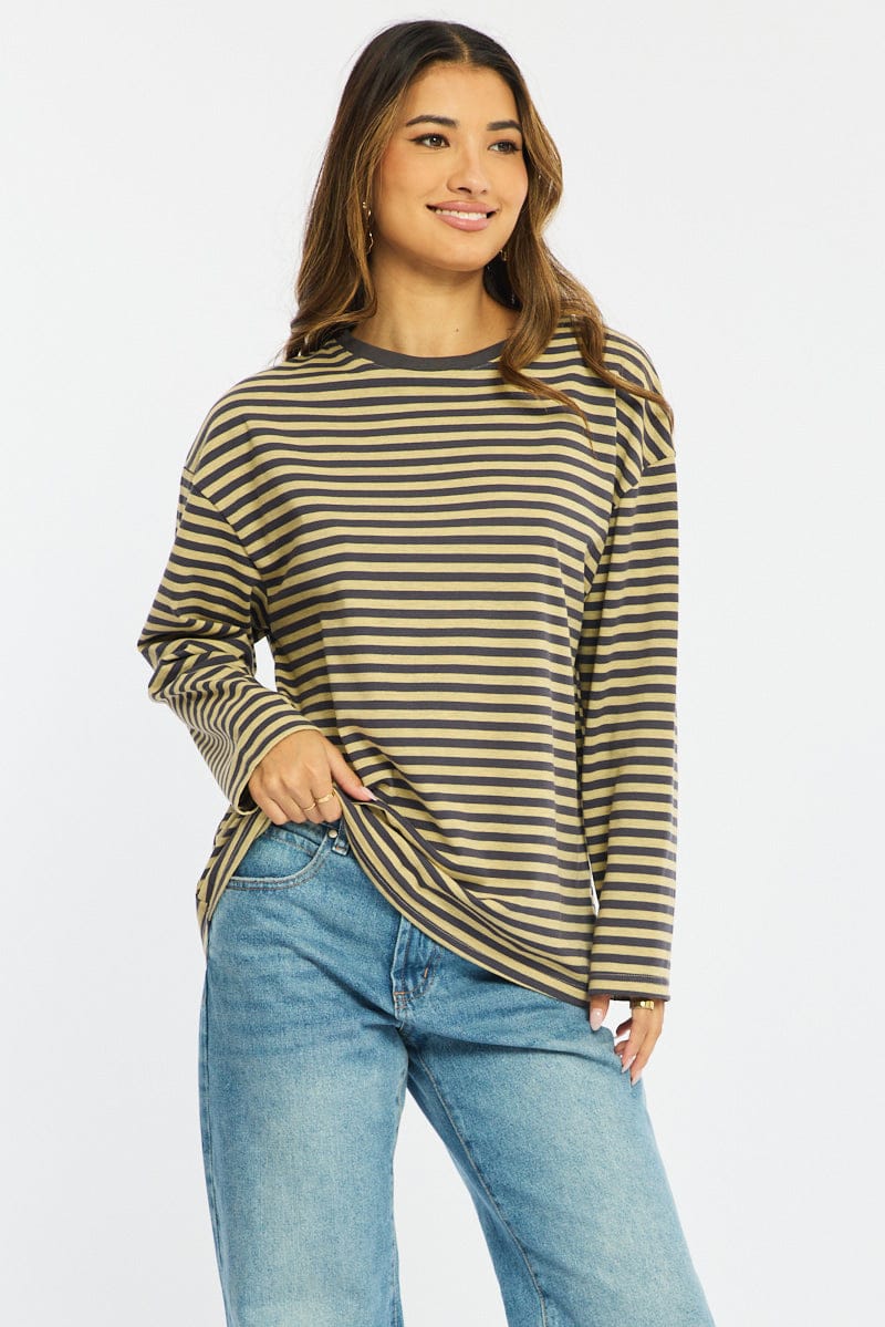 Yellow Stripe Striped Top Crew Neck Long Sleeve
