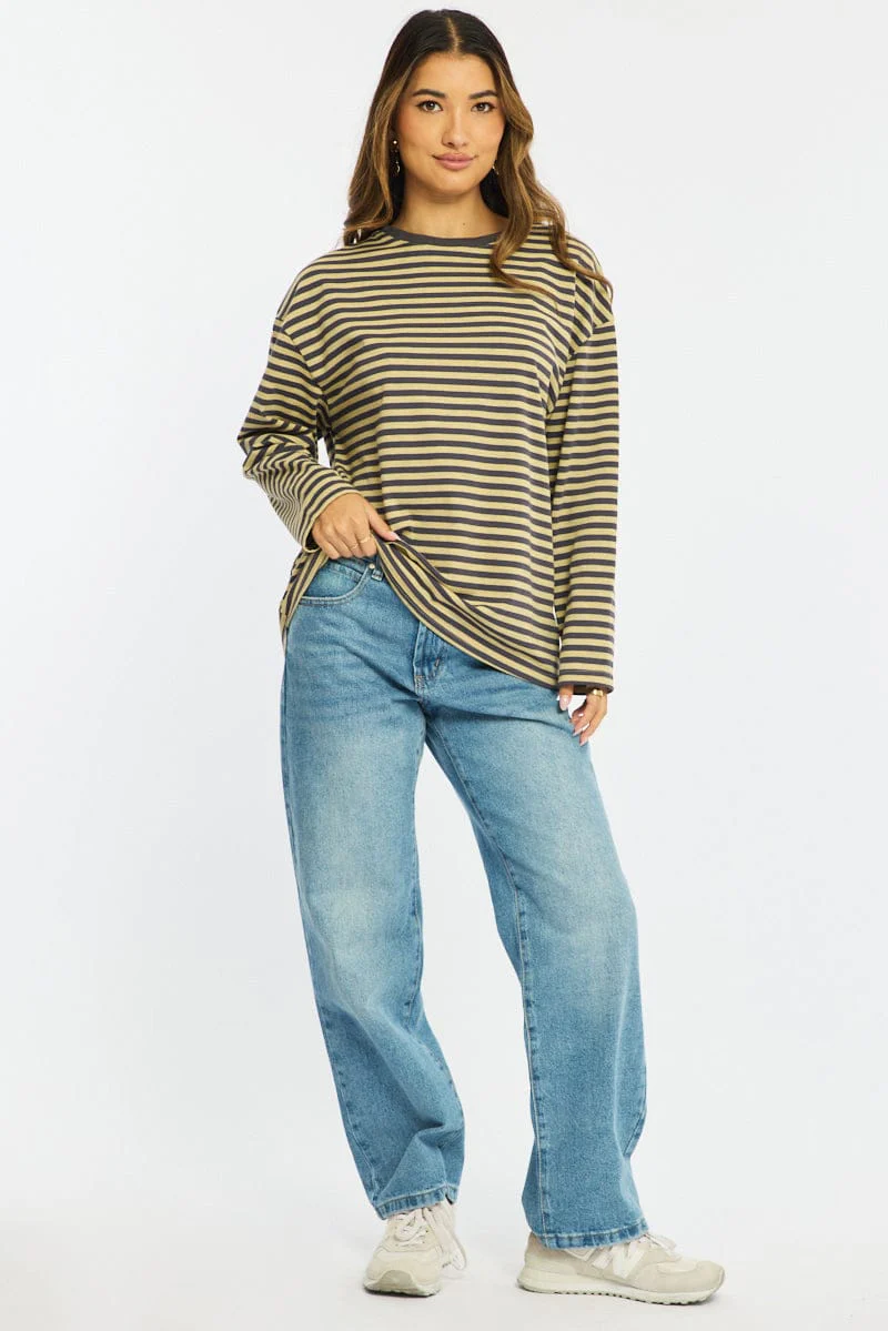 Yellow Stripe Striped Top Crew Neck Long Sleeve - Image 2