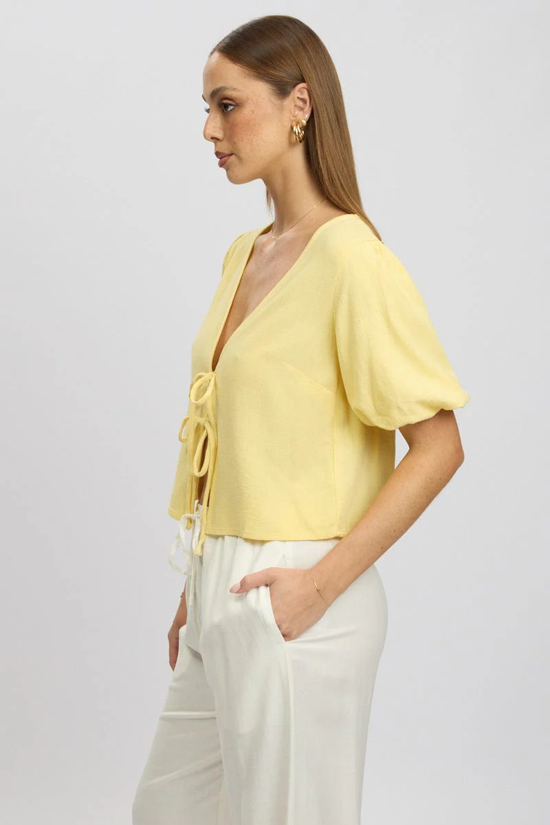 Yellow Tie Front Top Puff Short Sleeve - Image 4