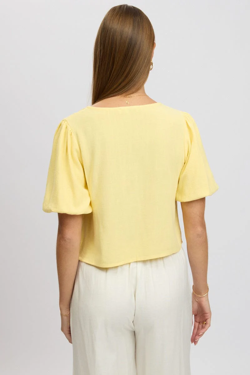 Yellow Tie Front Top Puff Short Sleeve - Image 5