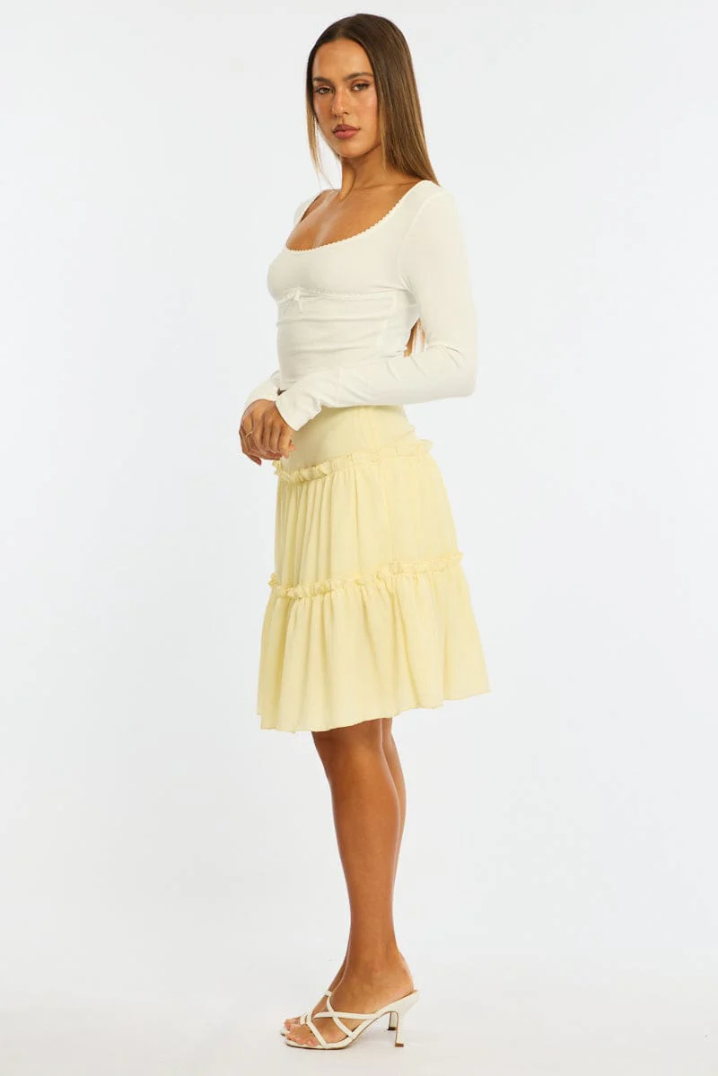 Yellow Tiered Midi Skirt Mid Rise Textured - Image 4